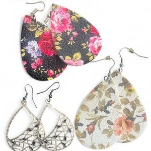 Floral Teardrop Leatherette Earrings Set & Silver Teardrop Metal Earrings